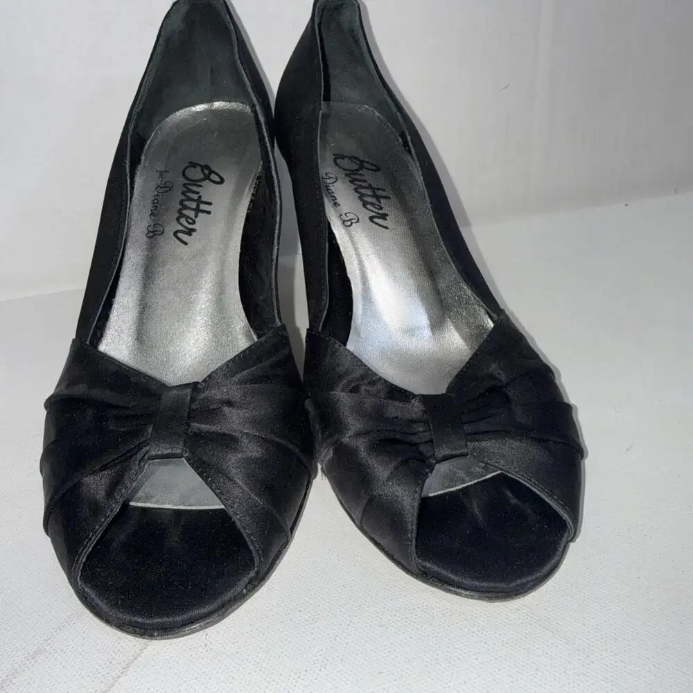 Butter For Diane B Satin Peep Toe Italian Black Minimalist Pumps‎ Heels Size 9